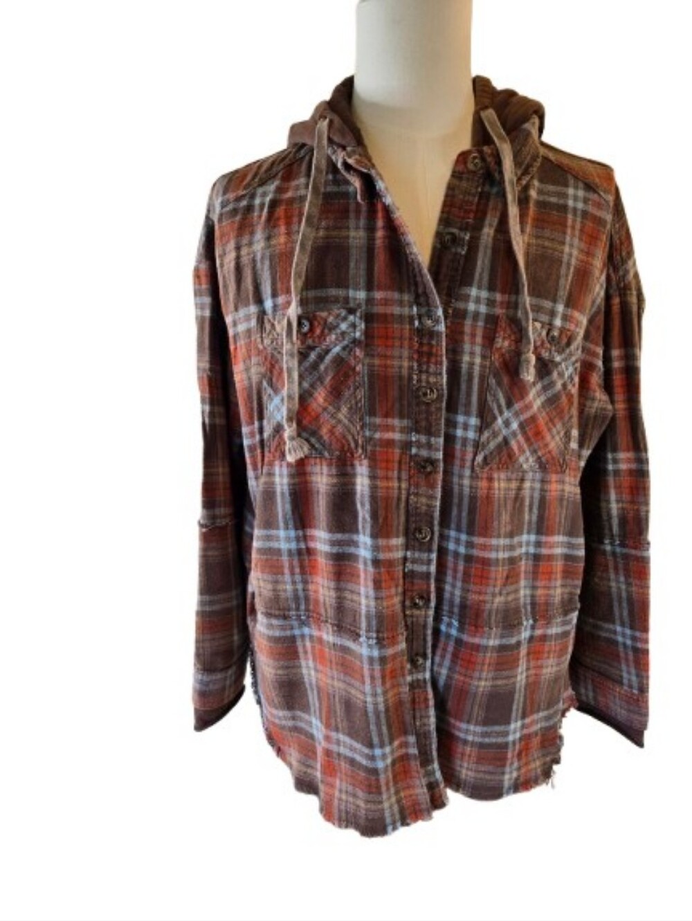 Oli & Hali Brown Plaid Hooded Button-Up Shirt Large Oversized Fit 100% Cotton
